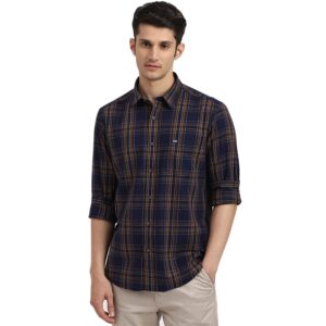 Arrow Men's Checkered Full Sleeve Slim Fit Point Collar Cotton Casual Shirt Dark Blue